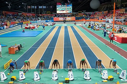 Start of the women's 60 m at the 2010 World Indoor Championships