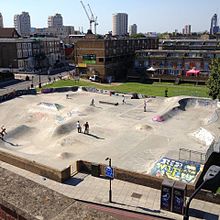 The skatepark viewed from a roof across the road, taken on 24 July 2012 Stockwell Skatepark, Brixton, London, United Kingdom - View from roof of Goodwood Mansions 24-07-2012.jpg