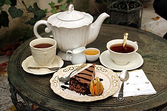 Tea and chocolate cake