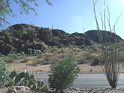 The Double Butte Cemetery is located on the baseline and named after the Double Butte Mountain Tempe-Double Butte Cemetery-1888-Double Butte Mountain.JPG