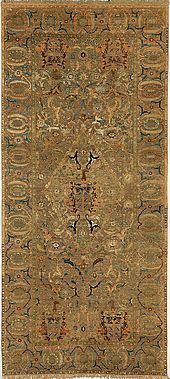 The Czartoryski carpet with coat of arms of the Polish Myszkowski family, made with a cotton warp, a silk weft and pile, and metal wrapped thread (Iran, 17th century) The Czartoryski Carpet.jpg