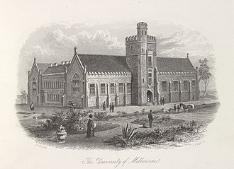 The original University of Melbourne building, 1857, Victoria Illustrated collection, State Library Victoria. The University of Melbourne, 1857.jpg