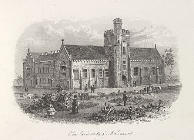 The original University of Melbourne building, 1857, Victoria Illustrated collection, State Library Victoria.