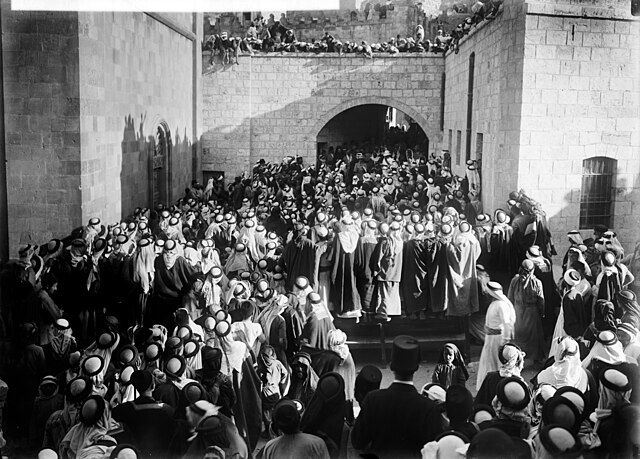 Herbert Samuel's proclamation in Salt on 21 August 1920 at the courtyard of the Assumption of Our Lady Catholic Church. Samuel was admonished a few da