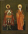 Феодор Стратилат и святая великомученица Ирина. На полях — преподобномученица Феодосия. 1592—1594