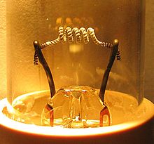 The filament of a low-pressure mercury gas-discharge lamp, with white thermionic emission coating acting as hot cathode. A little of the coating is sputtered away at every start; the lamp ultimately fails. Thermionic filament.jpg