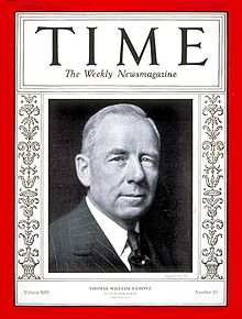 Thomas Lamont on the cover of Time Magazine on November 11, 1929 ThomasWLamont-1929Timemagazine.jpg