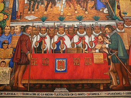 Depiction of Tlaxcaltecs and Spanish at the founding of the Colonial Province of Tlaxcala in 1545.