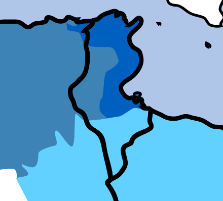 Geographic distribution of Tunisian Arabic as of 1960 (in blue). The fields in dark blue and light blue were respectively the geographic dispositions of Algerian and Libyan Arabic[70][71][72]