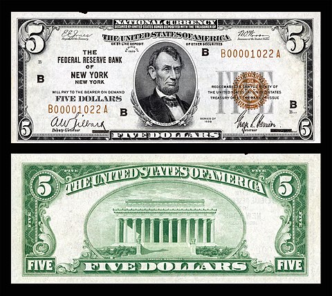 $5 Federal Reserve Bank Note (1929) depicting Abraham Lincoln. FRB New York.
