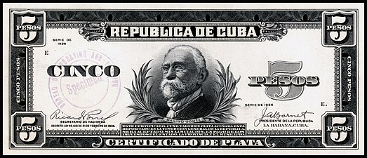 Certified proof of Cuban one silver peso note, showing Máximo Gómez