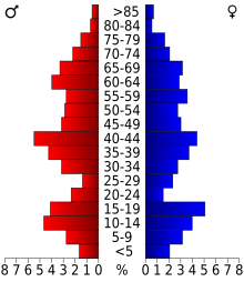 Diagram dat de bevolking van de provincie weergeeft, per leeftijdsgroep.  In het rood, aan de linkerkant, de vrouwen, in het blauw aan de rechterkant, de mannen.