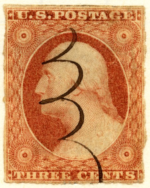 An 1851 U.S. stamp with a pen cancellation