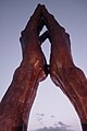 Looking up from the base of the 30 ton bronze sculpture Praying Hands at the main entrance to Oral Roberts University in Tulsa, Oklahoma.