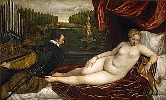 Venus and Musician or Venus with an Organist and a Dog, Prado, c. 1550 Venus and organist and little dog.jpg