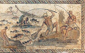 Angling in the 1st century CE. Villa of the Nile Mosaic, Lepcis Magna, Tripoli National Museum. Villa of the Nile Mosaic fishermen.jpg