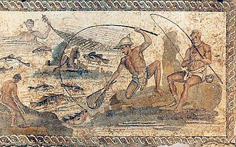 Mużajk tas-sajd fis-seklu 1 W.K. Mużajk fil-Villa tan-Nil, Leptis Magna, il-Mużew Nazzjonali ta' Tripli.