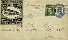 Vin Fiz Flyer stamp (upper left) on an envelope postmarked 1911 Vin Fiz Flyer stamp 1911.jpg