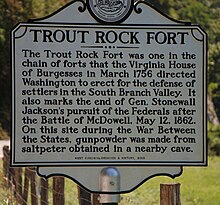 Historical marker marking the end of Gen. Stonewall Jackson's pursuit of the Federals after the Battle of McDowell, May 12, 1862 WV historical marker - Trout Rock Fort.jpg