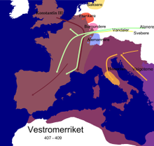 Barbarian invasions and the invasion of usurper Constantine III in the Western Roman Empire during the reign of Honorius, 407-409 Western Roman Empire 409.png