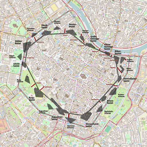 Wien Karte - Lage der Stadtbefestigung (Basteien und Schanzen)