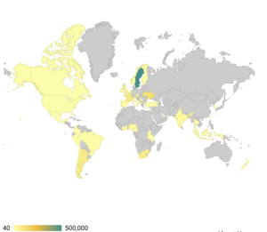 Global map of grantees intended contribution to Wikimedia Commons (darker colours signalling larger contributions)