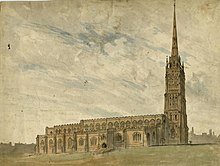 The old cathedral, painted in 1802 by William Crotch William Crotch - St. Michael's, Coventry - NORF NWHCM L1976.9.55.jpg