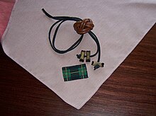 Wood Badge neckerchief, set of three beads (training staff), and woggle Wood badge regalia 1.jpg