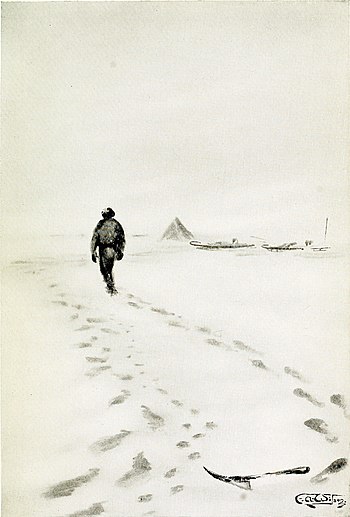 Drawing of a man returning to camp alone past his and a dog's outgoing tracks