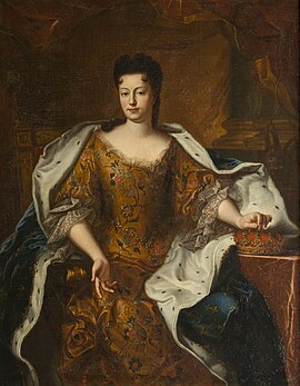 Élisabeth Charlotte d'Orléans (holding a crown as Duchess of Lorraine) from the studio of Pierre Gobert (Versailles).jpg