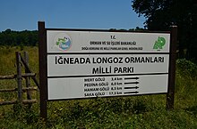 Directional road sign for Lake Saka at the entrance of İğneada Floodplain Forests National Park near İğneada.
