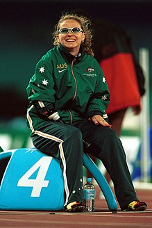 Winters shown smiling pre race at the 2000 Summer Paralympics 141100 - Athletics track Amy Winters pre race - 3b - 2000 Sydney race photo.jpg