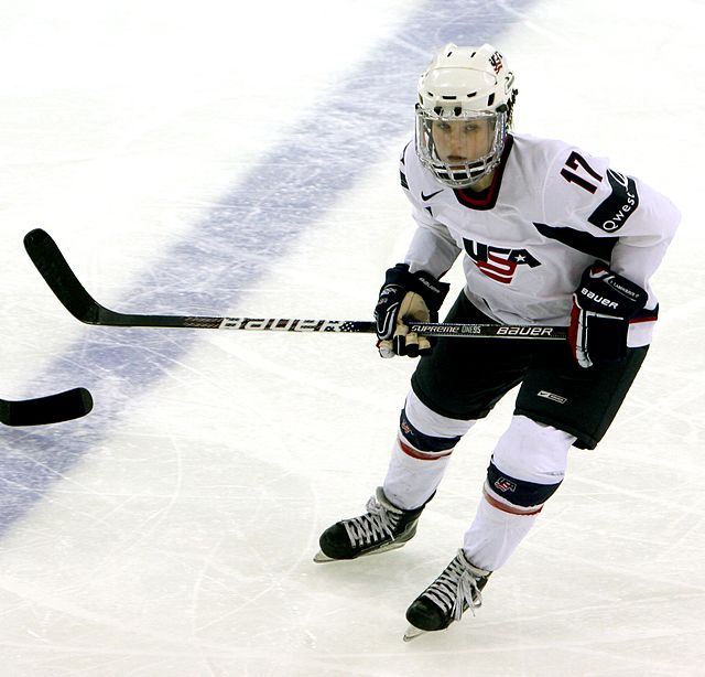 Jocelyne Lamoureux playing for Team USA against the ECAC All-Stars in 2010