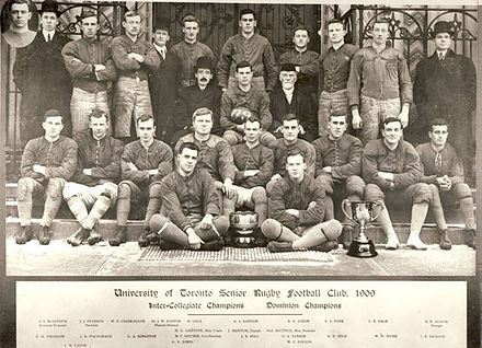 The 1909 Varsity Blues, inaugural champions.  The Grey Cup is pictured at the front right.
