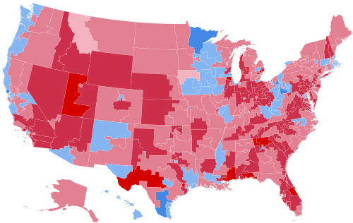 Results by congressional district, shaded according to winning candidate's percentage of the vote