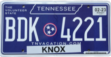 Standard Tennessee plate, with the county name, seen in use in February 2022 2022 Tennessee License Plate Base - Standard Automobile.png