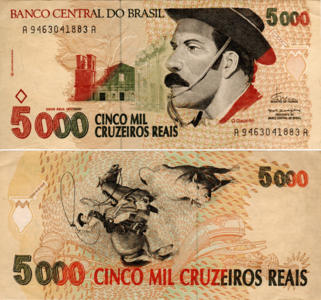 A CR$5,000 banknote portraying a gaúcho and chimarrão-shaped watermarks