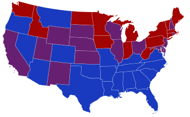 Senators' party membership by state at the opening of the 65th Congress in March 1917.
.mw-parser-output .legend{page-break-inside:avoid;break-inside:avoid-column}.mw-parser-output .legend-color{display:inline-block;min-width:1.25em;height:1.25em;line-height:1.25;margin:1px 0;text-align:center;border:1px solid black;background-color:transparent;color:black}.mw-parser-output .legend-text{}
2 Democrats
1 Democrat and 1 Republican
2 Republicans 65th United States Congress Senators.svg