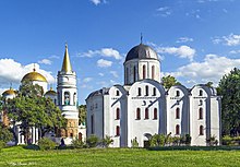 The Transfiguration Cathedral in Chernihiv dates to 1030 (left), whilst the nearby Boris and Gleb Cathedral to 1123 (right). 8116 Chernigov. Vid na Borisoglebskuiu tserkov' i Spasopreobrazhenskii sobor.jpg
