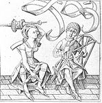 Tyske Israhel van Meckenems Verkehrte Welt («Den forkjærte verden») fra slutten av 1400-tallet. Tegningen viser en kone og en tøffelhelt som har byttet roller; hun bestemmer med septeret, han steller med tråd og garn.