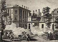 Action entre le régiment Royal-Allemand commandé par le prince de Lambesc et un détachement des Gardes françaises, devant leur dépôt, à l'angle du boulevard des Capucines et de la rue de la Chaussée d'Antin, dans la nuit du 12 juillet 1789. Sur la gauche, l'hôtel de Montmorency. Eau-forte de Duplessis-Bertaux