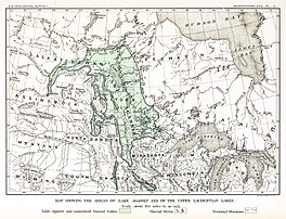 Un mapa temprano de la extensión del lago Agassiz en el centro de América del Norte, por el geólogo del siglo XIX Warren Upham.  Las regiones cubiertas por el lago eran significativamente más grandes que las que se muestran aquí.