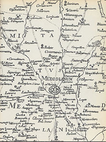 Dettaglio di una mappa del 1790 circa, dove sono indicate Palatiolum, Inciranum e Dugnanum.