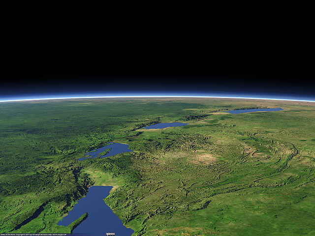 An artificial rendering of the Albertine Rift, which forms the western branch of the East African Rift. Visible features include (from background to f