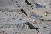 English: Rock art in the world heritage area in Alta, Norway. This is from the area Bergbukten 1, a group of some 900 figures. 23-25 m above sea level, and 6000-7000 years old.