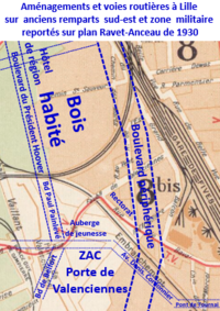 Aménagements et voies routières sur anciens remparts sud-est et zone militaire de Lille