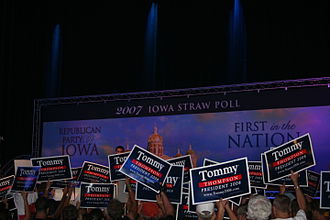 Thompson supporters display signs at the Ames Straw Poll Ames Straw Poll (1093305057).jpg