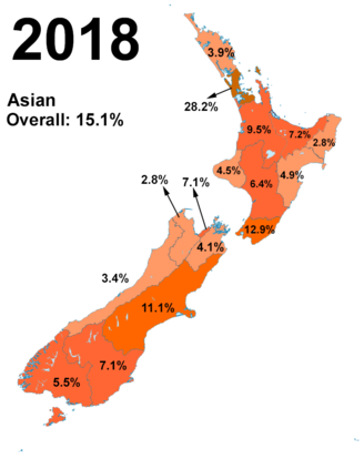 Asians in New Zealand in 2018 Asians ethnicity 2018 mapped.png