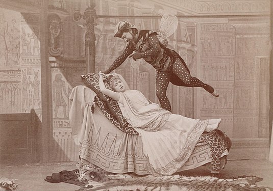 Jeanne Granier (Eurydice) and Eugène Vauthier (Jupiter) in the famous fly scene from Jacques Offenbach's Orphée aux enfers (restored and nominated by Adam Cuerden)