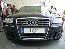 The Audi A8 used by the German Chancellor Angela Merkel, with number plates 0 [?] 2. AudiA8 Kanzlerwagen.jpg